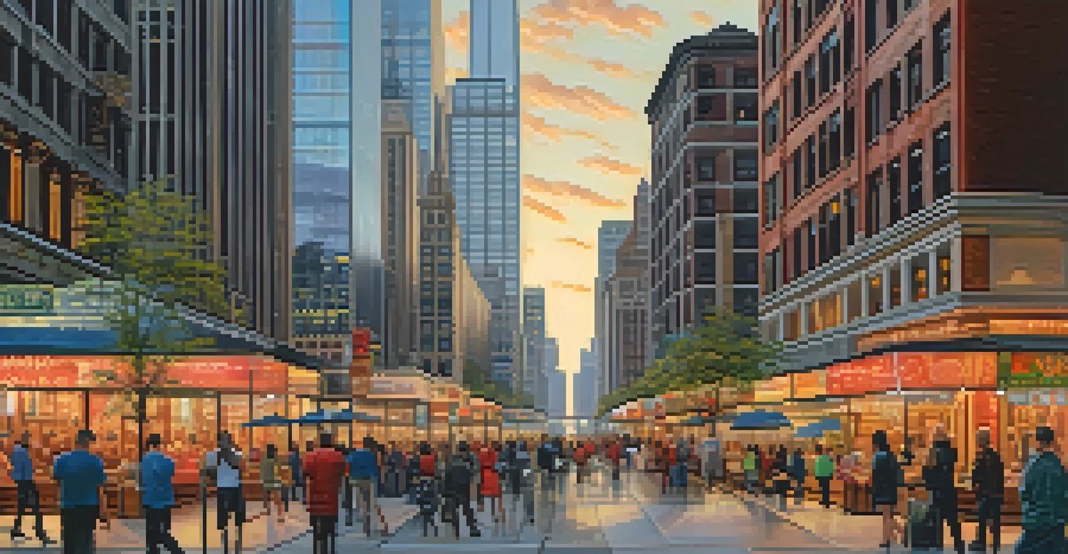 A busy Chicago street with skyscrapers, people, and colorful storefronts during sunset, reflecting the city's vibrant economy.