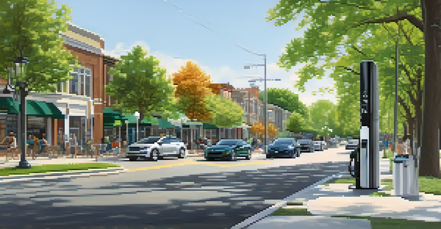 A serene street in Evanston with electric vehicle charging stations, trees, and people engaging in sustainable transport activities.