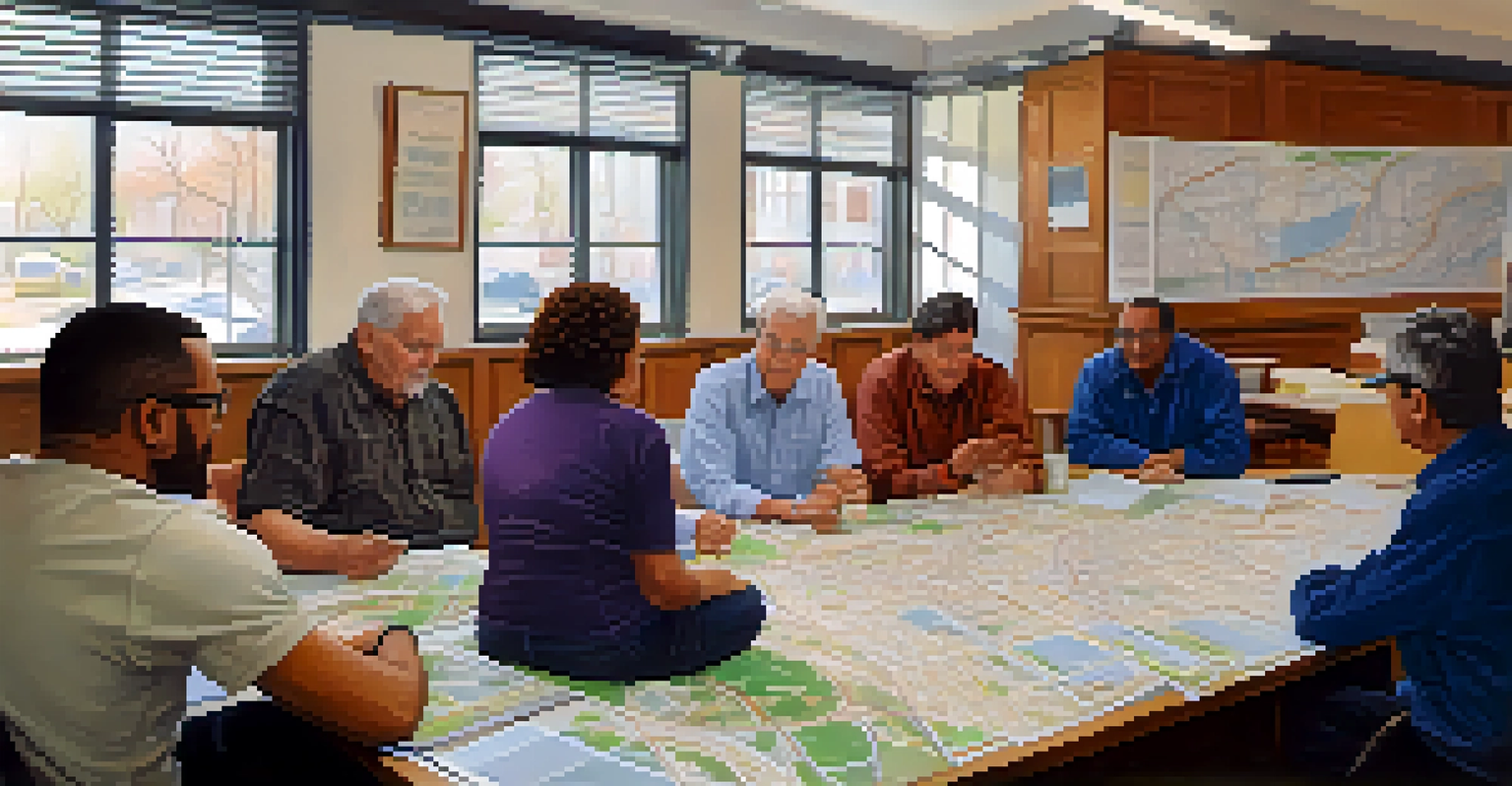 A community meeting with diverse residents discussing transportation plans in a bright room filled with natural light.