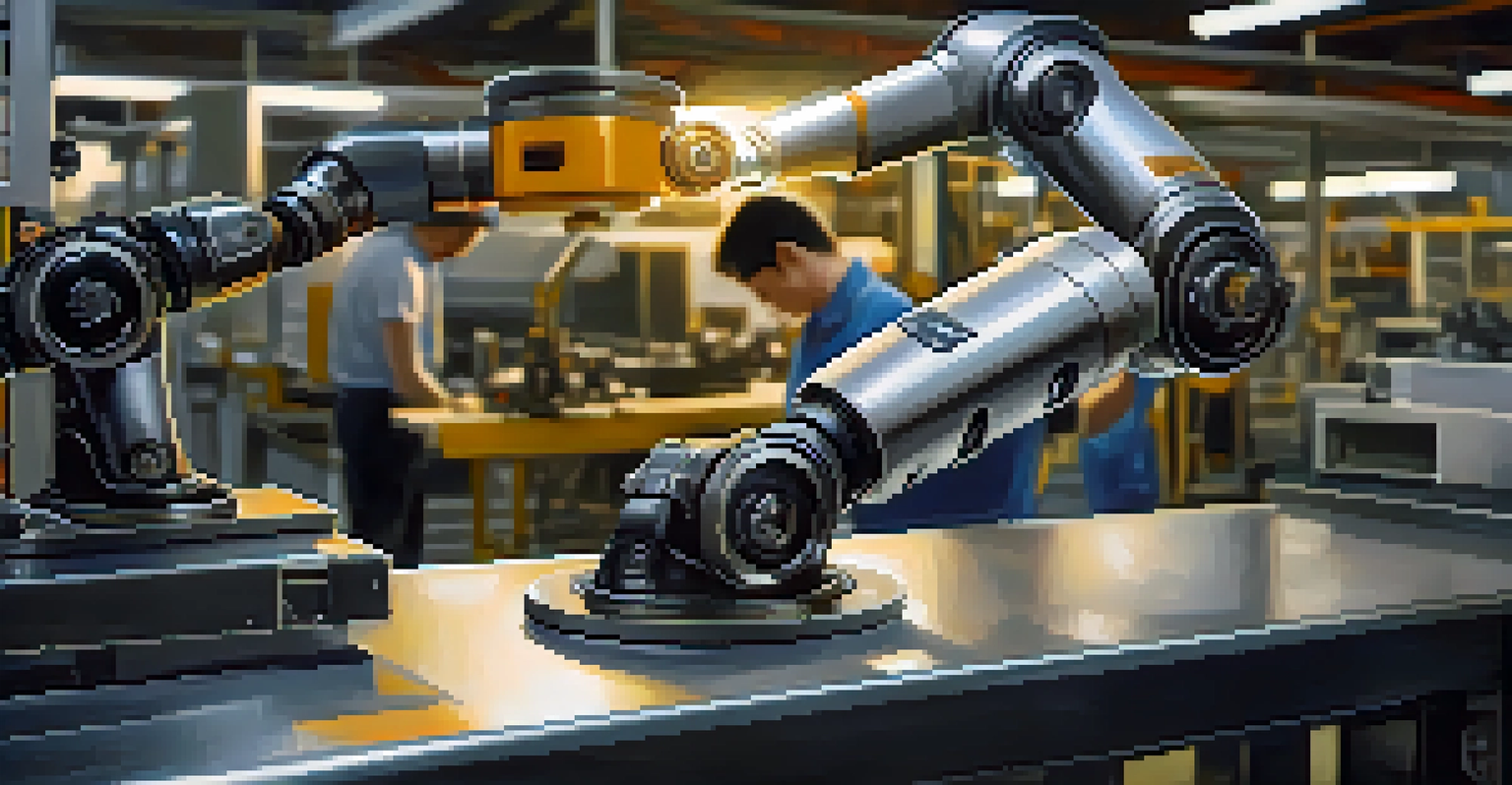 Close-up of a skilled worker using a robotic arm in a factory, with advanced machinery in the background.
