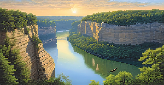 A tranquil early morning scene in Starved Rock State Park with canyons and waterfalls, featuring bald eagles and grazing deer.