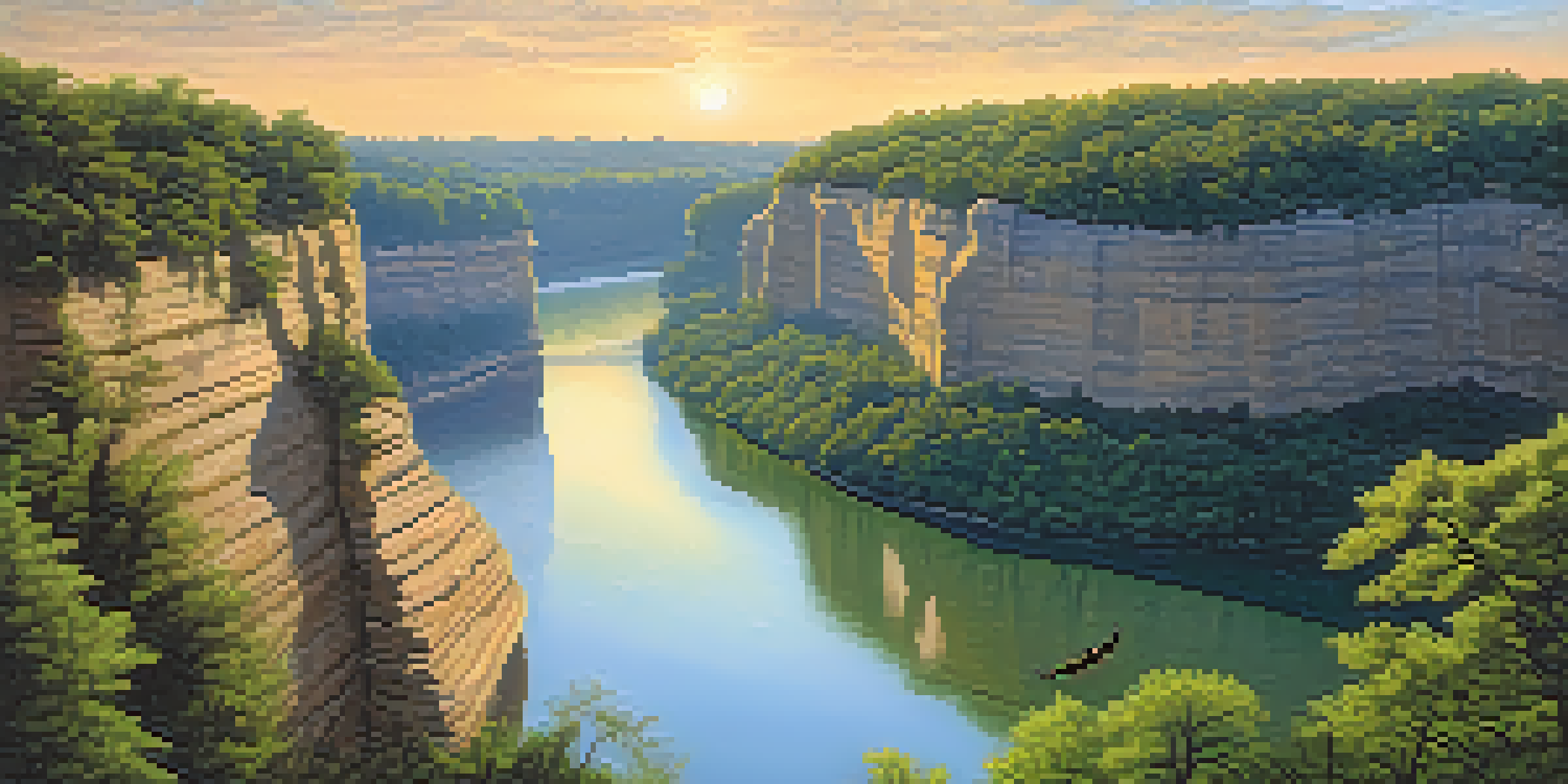 A tranquil early morning scene in Starved Rock State Park with canyons and waterfalls, featuring bald eagles and grazing deer.