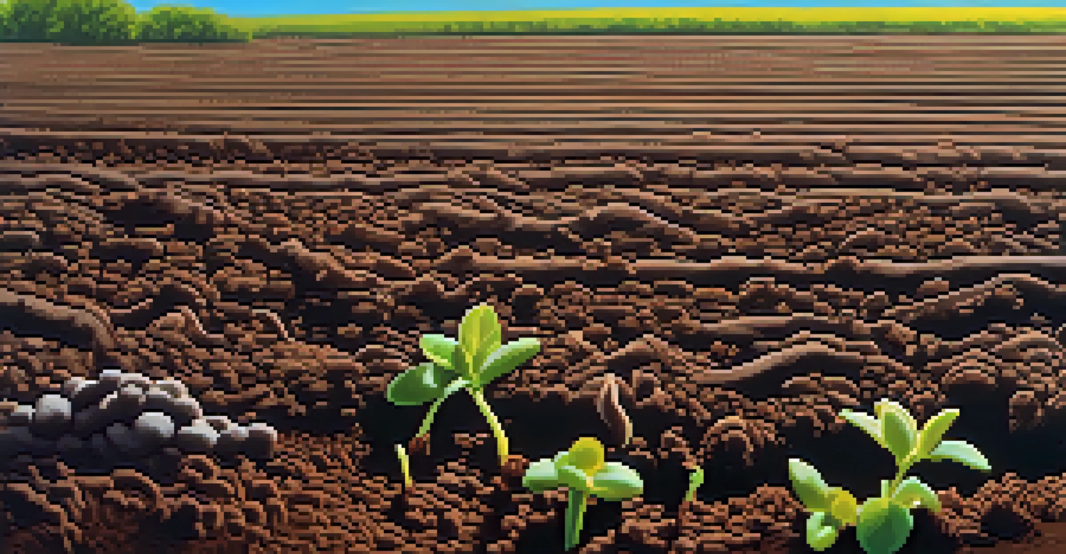 A close-up of healthy, textured soil with earthworms and plants, with an agricultural field in the background.