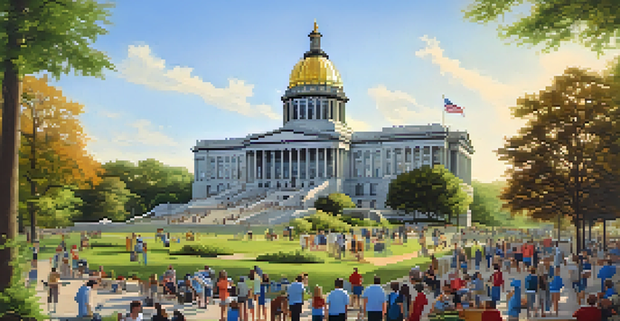 A sunny day at the Illinois state capitol building with lush greenery, highlighting civic engagement activities.