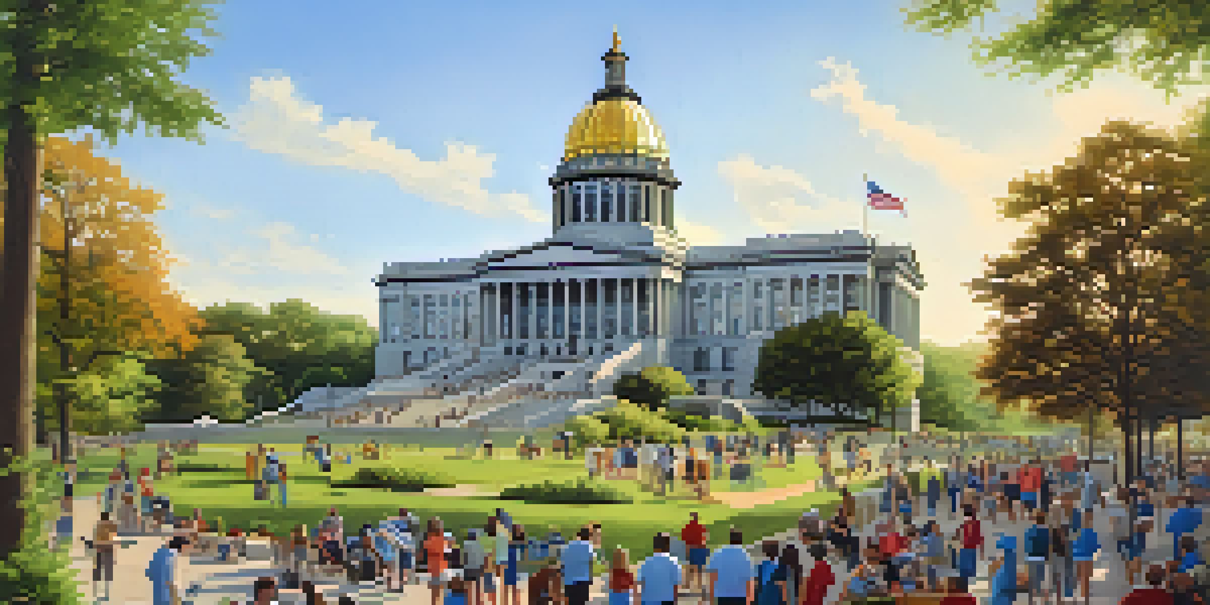 A sunny day at the Illinois state capitol building with lush greenery, highlighting civic engagement activities.
