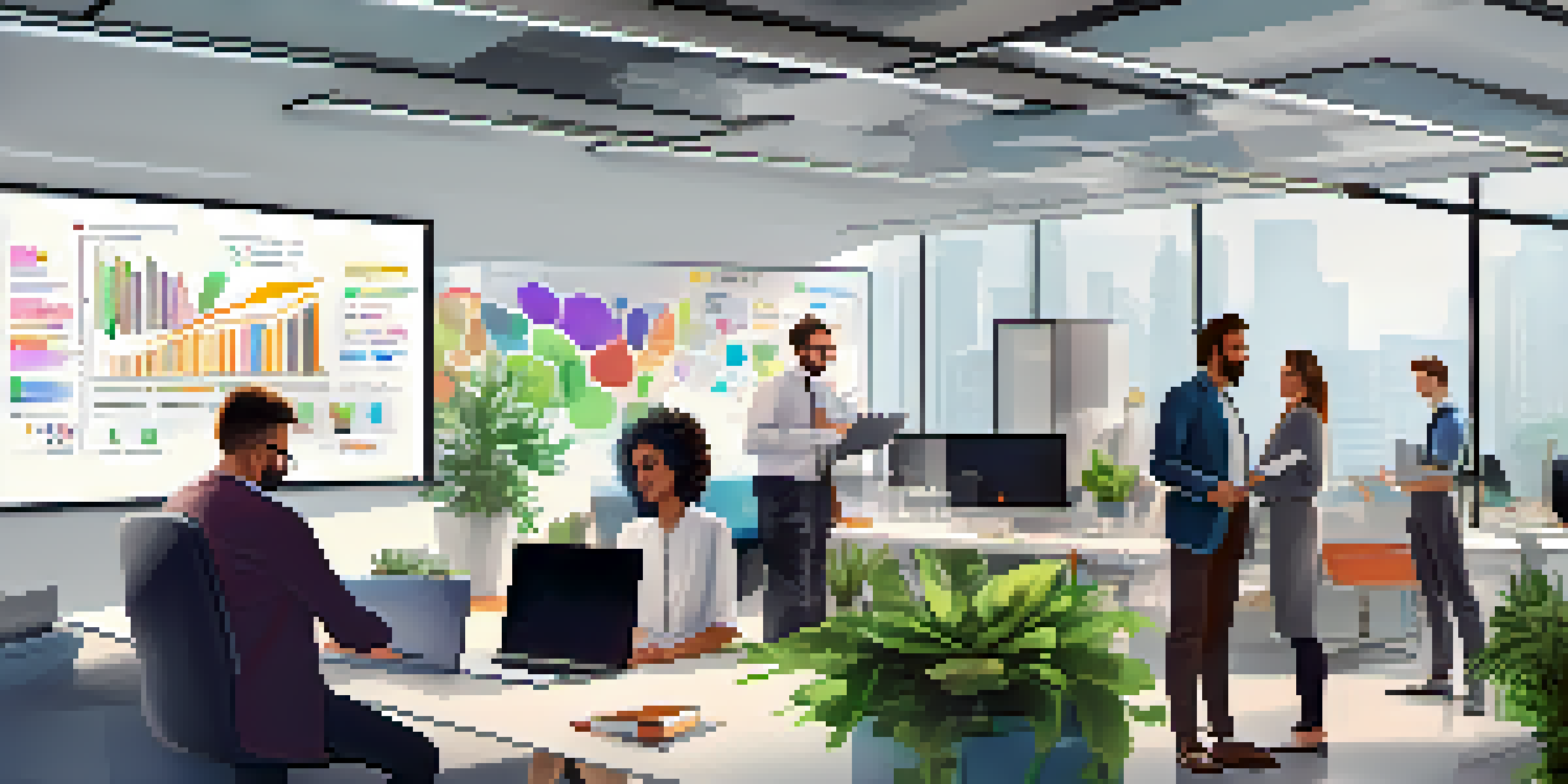 A diverse group of professionals collaborating in a modern office, discussing digital transformation strategies with laptops and a whiteboard filled with colorful notes.
