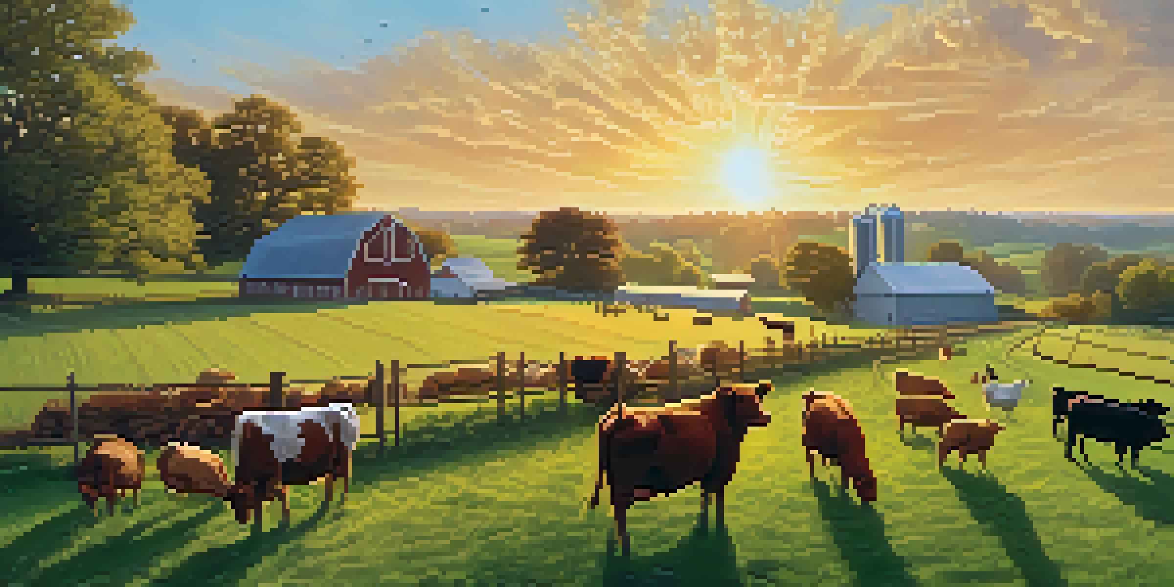 A colorful farm scene with green fields, a barn, and livestock like cattle, pigs, and chickens under a sunset sky.