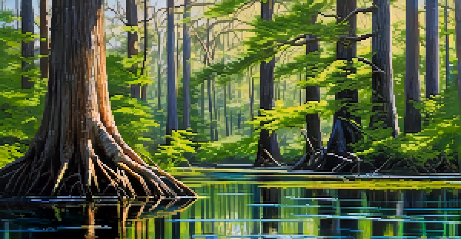 A vibrant spring scene in Cache River State Natural Area with cypress trees, alligators, and colorful birds in a swamp ecosystem.
