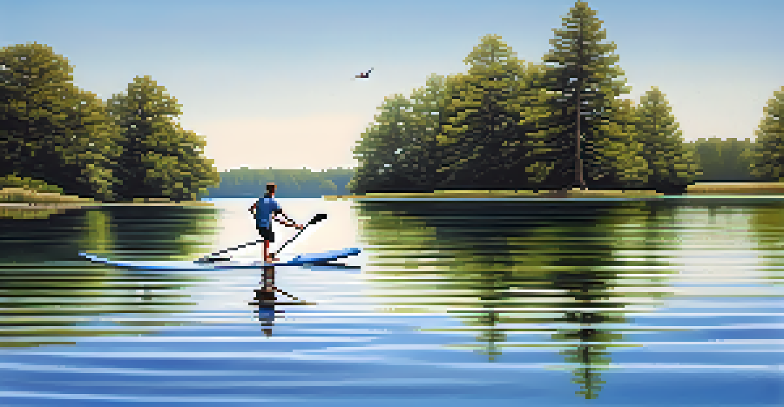 A paddleboarder peacefully gliding on a calm lake, with reflections of nature surrounding them.