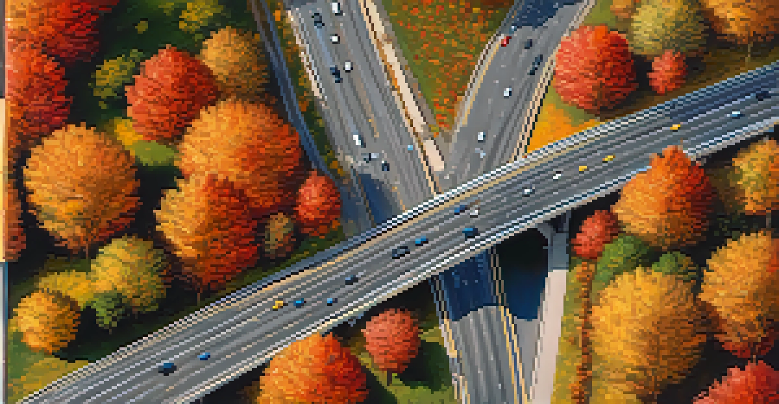 An aerial view of Illinois highways surrounded by colorful autumn foliage.