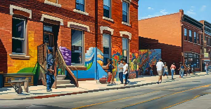 A lively street in Pilsen, Chicago with colorful murals and artists at work under warm sunlight.
