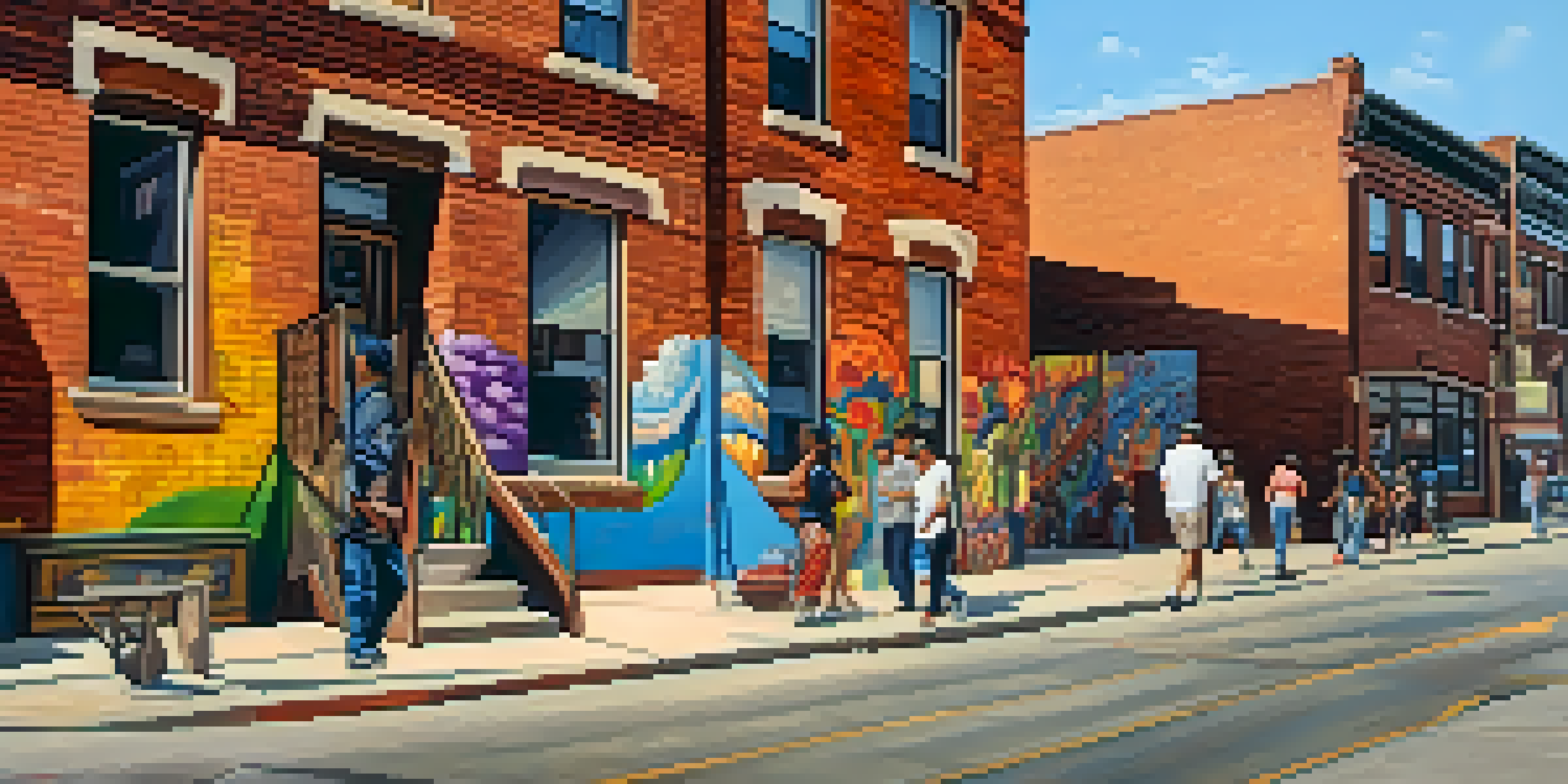 A lively street in Pilsen, Chicago with colorful murals and artists at work under warm sunlight.
