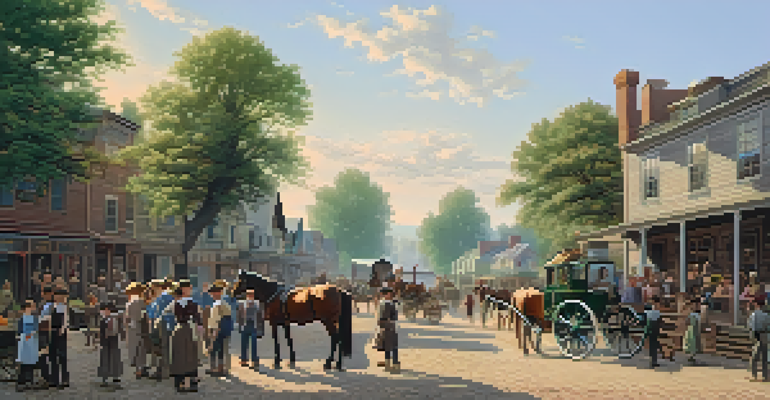 A lively 19th-century town in Illinois with wooden buildings, horse-drawn carriages, and townsfolk.