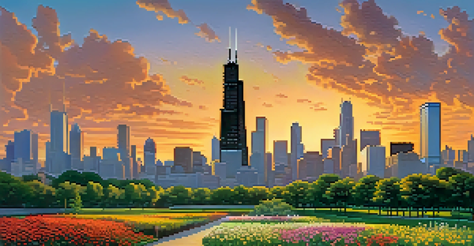 A vibrant sunset view of the Chicago skyline, with skyscrapers silhouetted against a colorful sky and a busy park in the foreground.