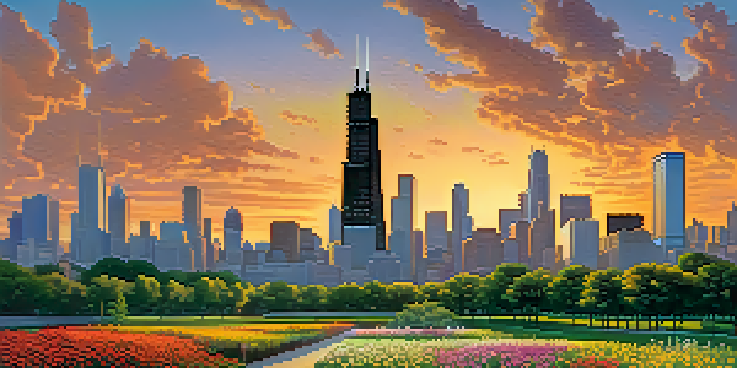 A vibrant sunset view of the Chicago skyline, with skyscrapers silhouetted against a colorful sky and a busy park in the foreground.