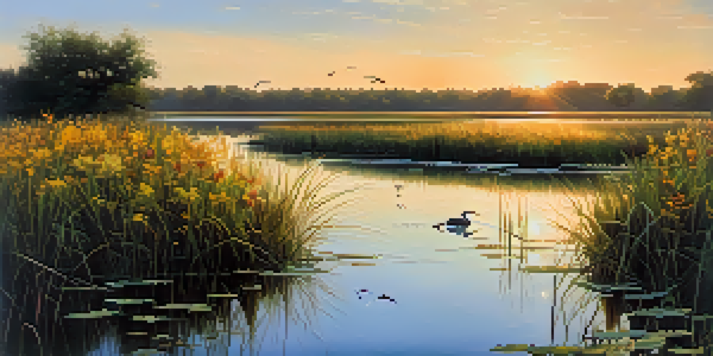 A tranquil wetland in Illinois with colorful wildflowers, calm water reflecting sunrise colors, and birds in flight.