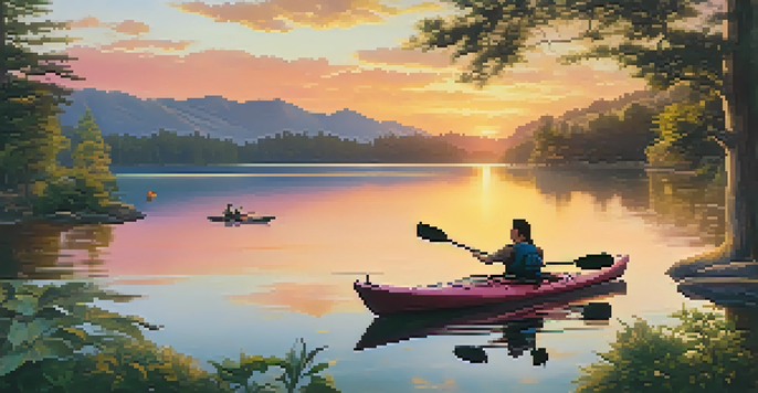 A family kayaking on a tranquil lake at sunset, surrounded by greenery and hills.