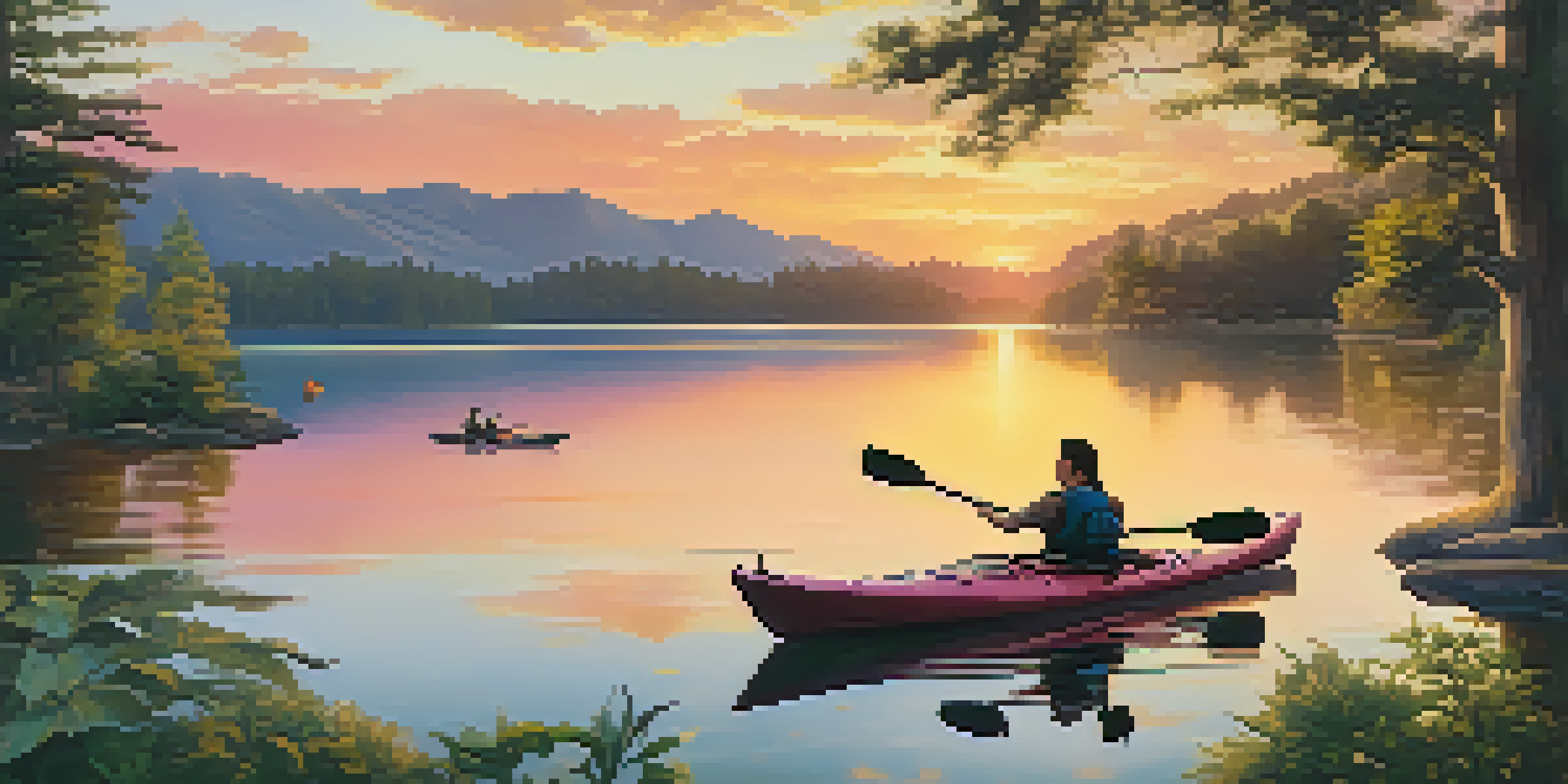 A family kayaking on a tranquil lake at sunset, surrounded by greenery and hills.