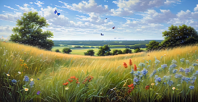 A beautiful restored prairie in Illinois filled with colorful native grasses and wildflowers, butterflies flying around, and rolling hills in the background.