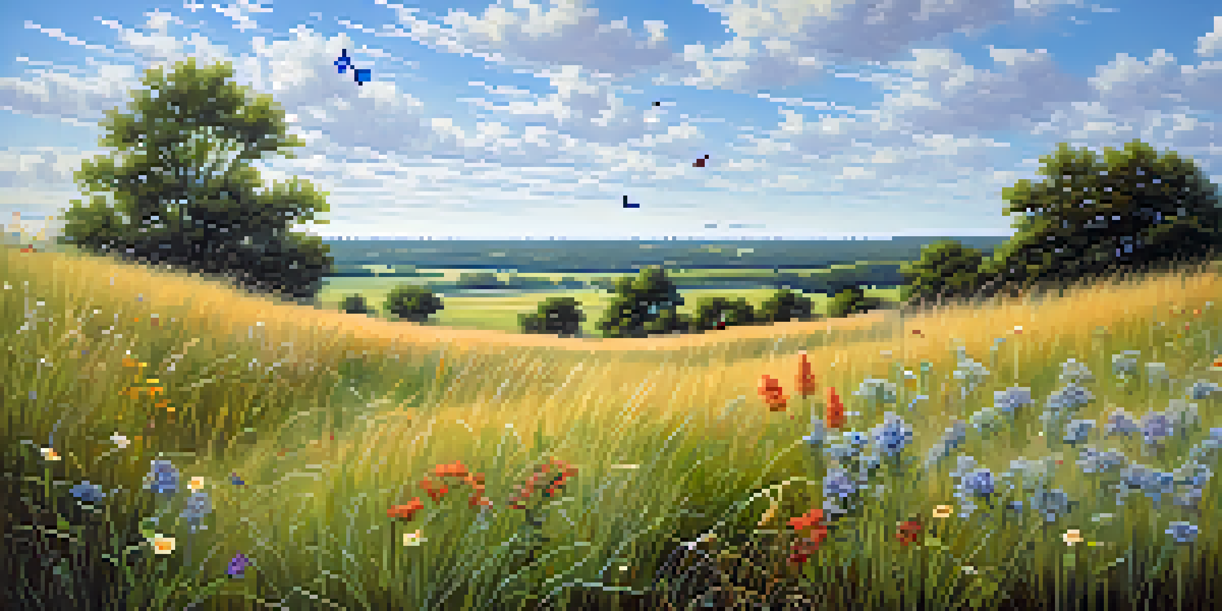 A beautiful restored prairie in Illinois filled with colorful native grasses and wildflowers, butterflies flying around, and rolling hills in the background.