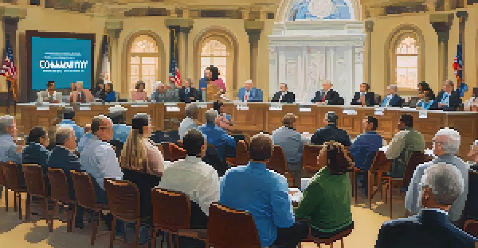 A diverse group of people and state legislators engaged in a town hall meeting, discussing community issues with a banner in the background.
