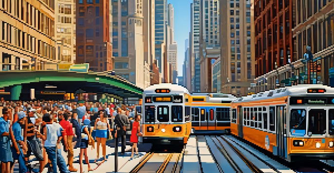 A bustling urban scene in Chicago with CTA trains and buses, diverse commuters, and modern skyscrapers under warm sunlight.