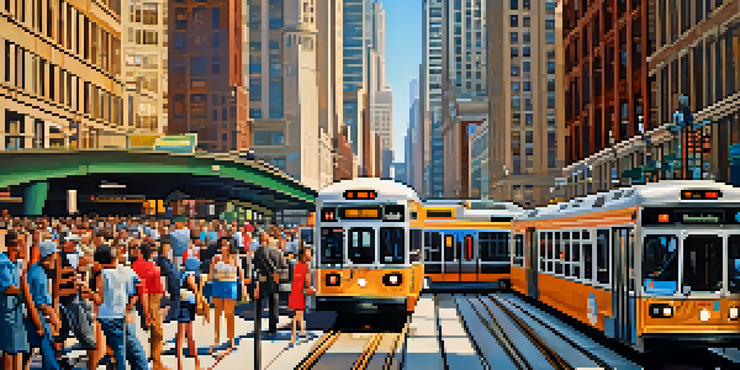 A bustling urban scene in Chicago with CTA trains and buses, diverse commuters, and modern skyscrapers under warm sunlight.