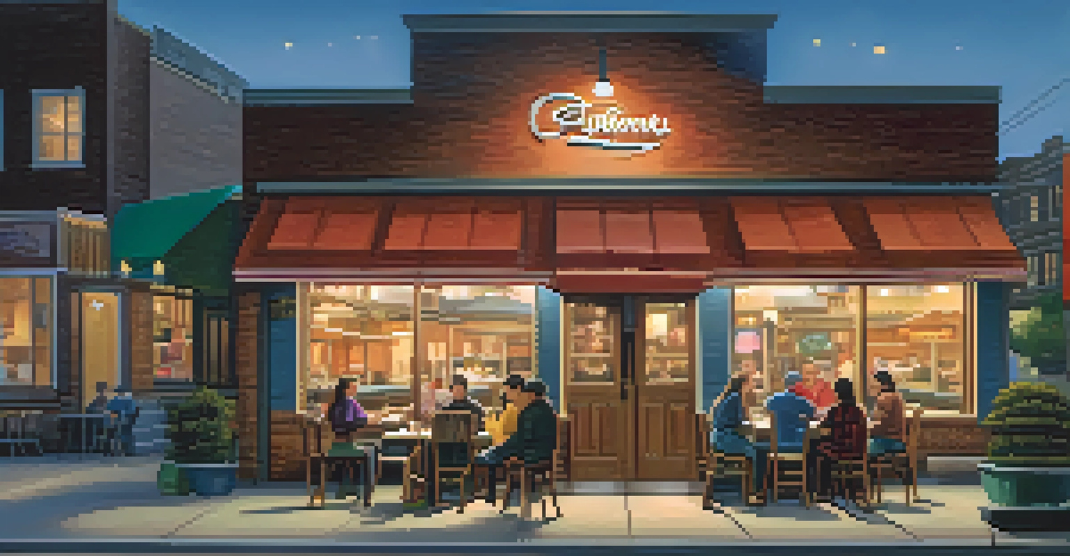 A cozy neighborhood restaurant in Illinois with people of diverse backgrounds enjoying a fusion meal together.