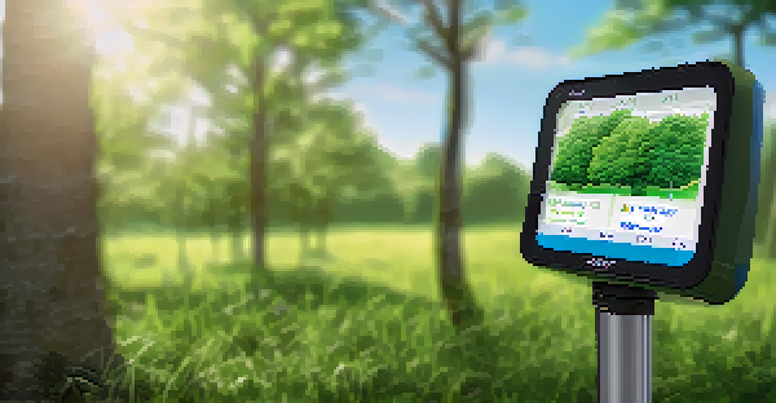 A modern low-cost air sensor device in a green environment, showing real-time air quality data with trees and blue skies in the background.