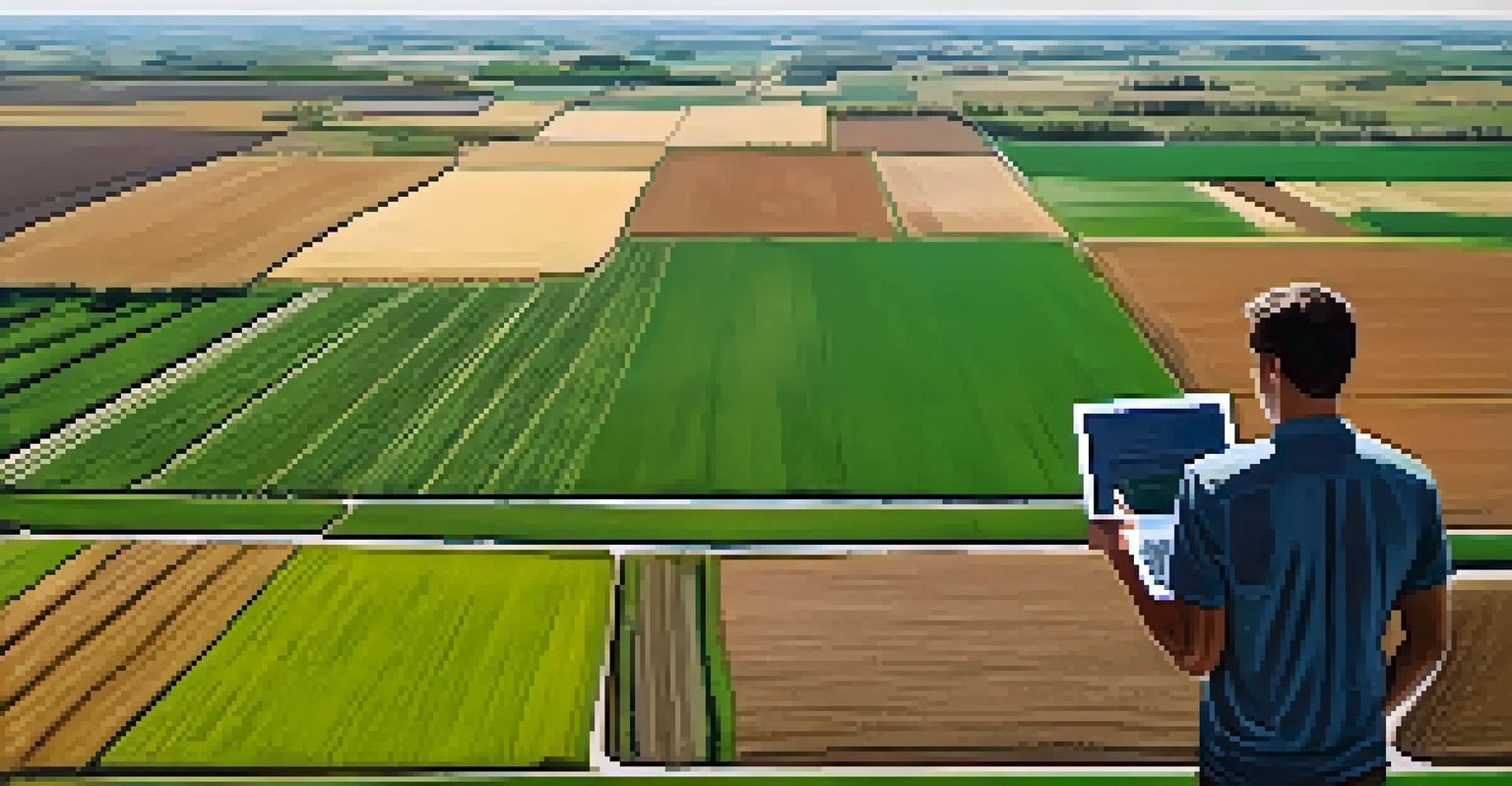 An aerial view of Illinois farmland with a farmer using technology amidst green fields, representing the ag-tech revolution.