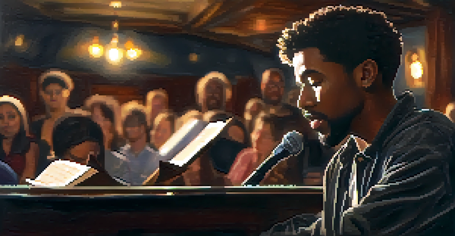 A poet reading at an open mic night in a dimly lit Chicago venue, with an engaged audience in the background.