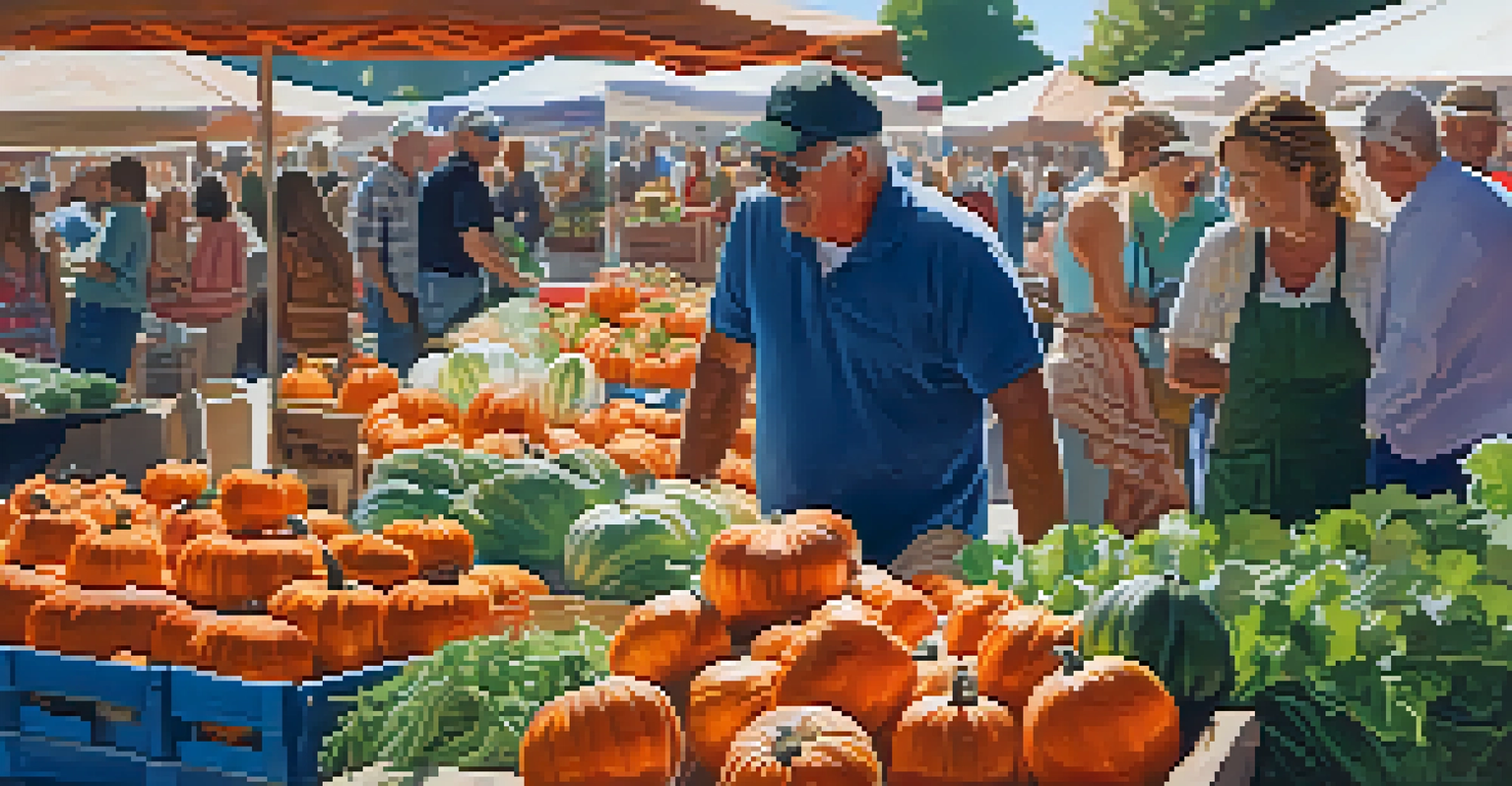 A lively farmers market in Illinois featuring colorful organic produce and farmers interacting with customers.