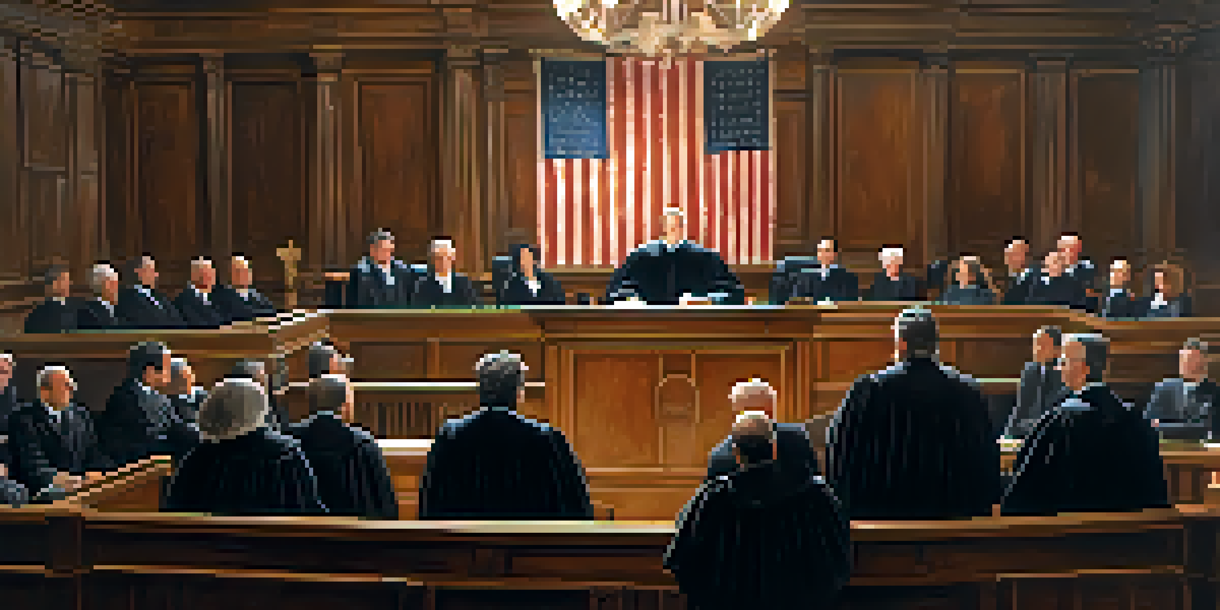 A courtroom with a judge, jurors, and lawyers, depicting the seriousness of a trial.