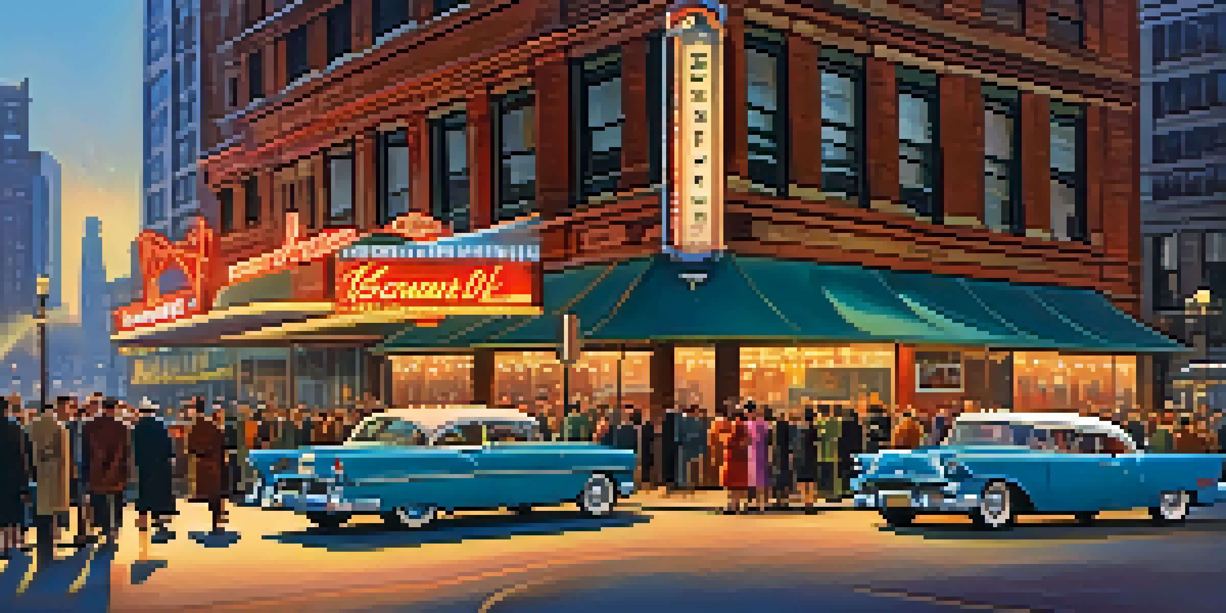A colorful 1950s street scene in Chicago featuring a music venue with neon lights, diverse crowds, and a classic car, all illuminated by sunset light.