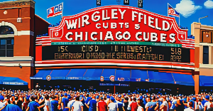 A lively baseball game at Wrigley Field, featuring fans in Cubs jerseys, ivy-covered walls, and players on the field.