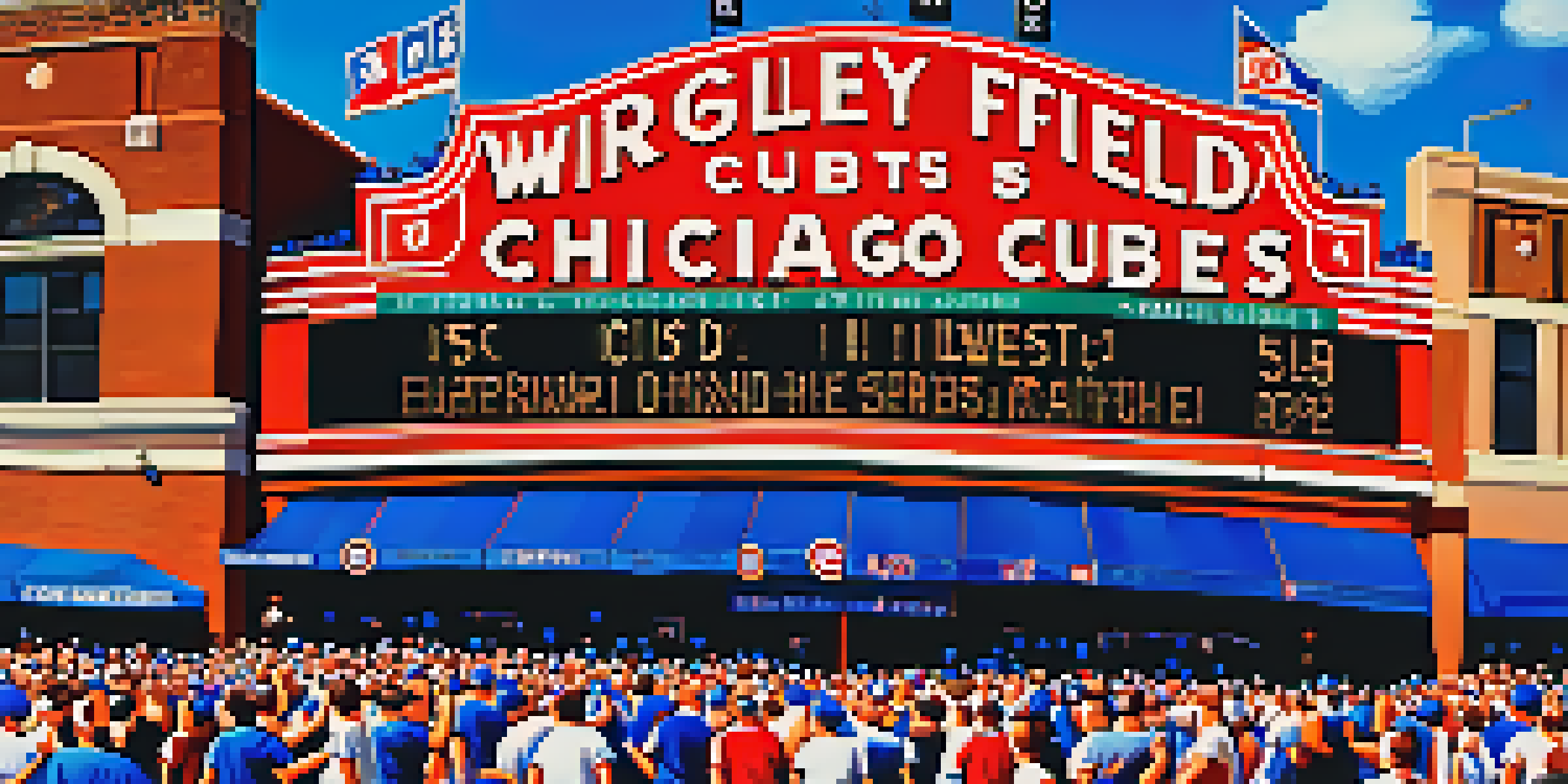 A lively baseball game at Wrigley Field, featuring fans in Cubs jerseys, ivy-covered walls, and players on the field.