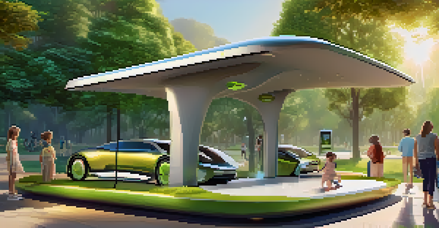 A modern electric vehicle charging station in a park, surrounded by families and greenery, highlighting sustainable transportation.