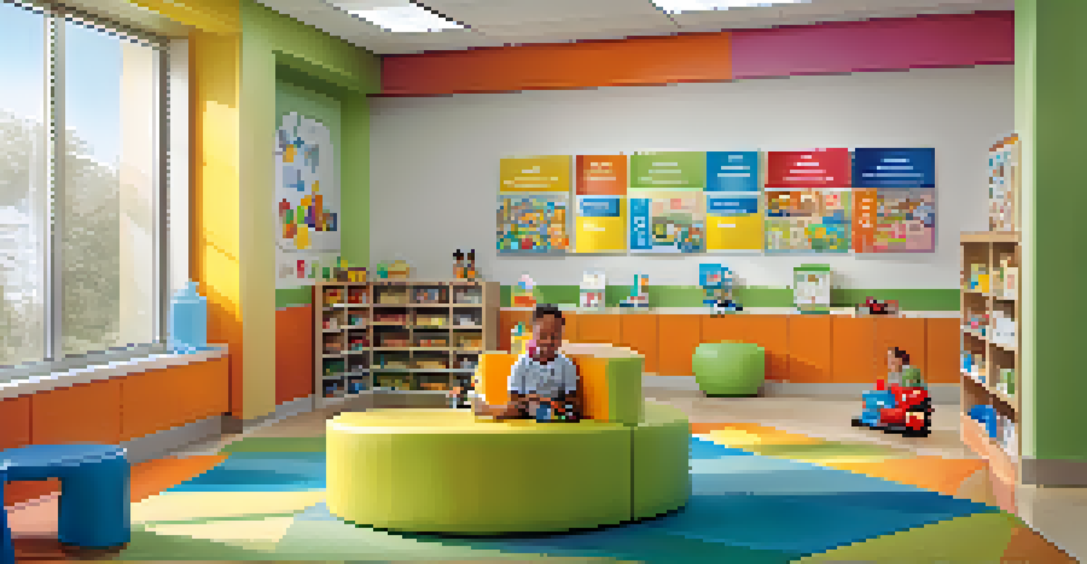 A pediatric healthcare office in Illinois, with a pediatrician engaging with a child amidst colorful decor and toys, illuminated by soft natural light.