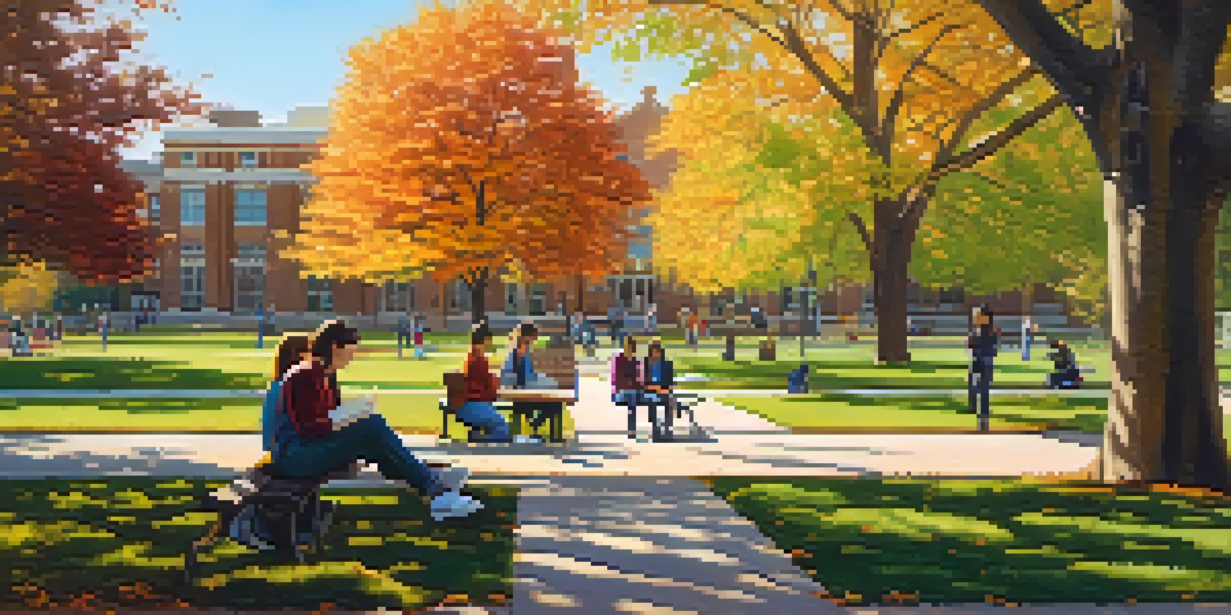 A lively university campus with students studying and enjoying the outdoors surrounded by greenery and autumn trees.