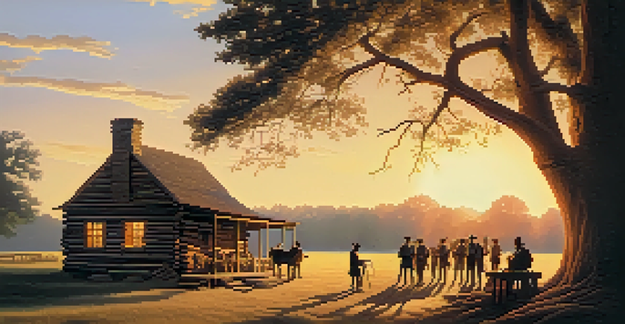 A historical scene of early settlers in Illinois discussing under a large tree with a rustic cabin during sunset.