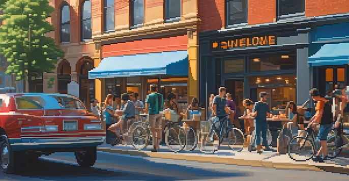 A busy Chicago street with gig workers including food delivery cyclists and freelance designers, set in a lively urban environment.