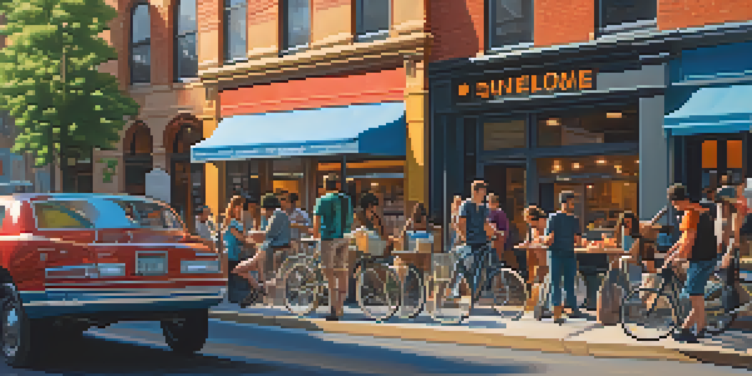 A busy Chicago street with gig workers including food delivery cyclists and freelance designers, set in a lively urban environment.