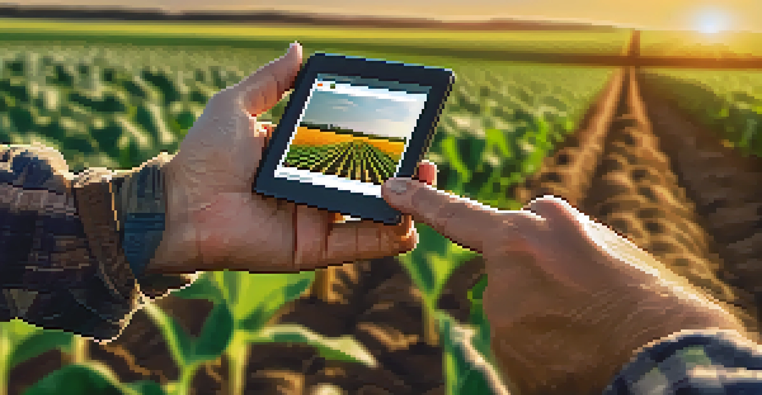 A farmer in Illinois using technology in a field with healthy crops during sunset.