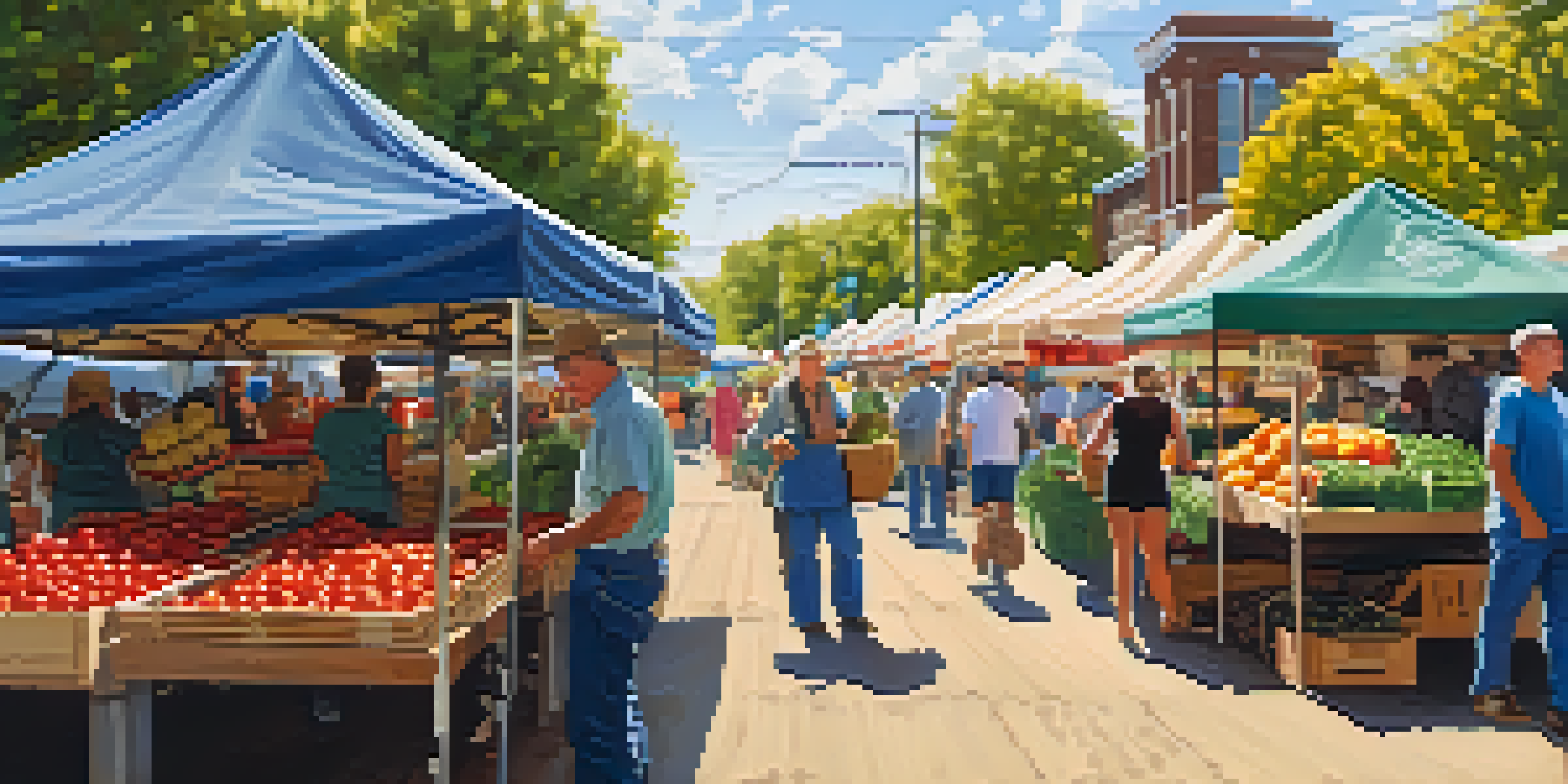 A lively farmer's market filled with colorful fruits and vegetables, surrounded by people and wooden stalls under the sunlight.