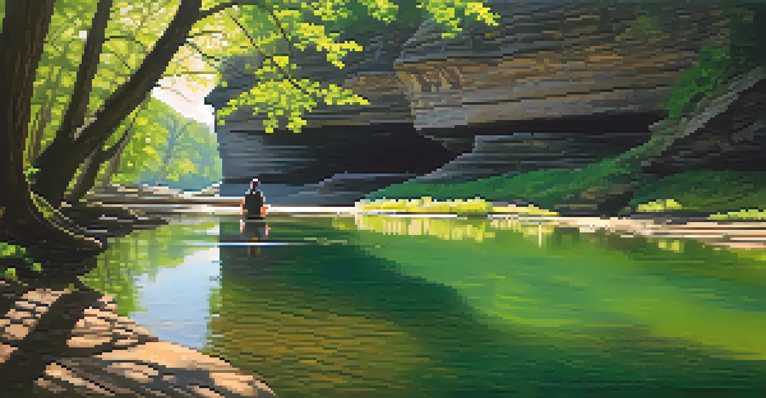 A peaceful view of Matthiessen State Park with rugged cliffs and a pond, featuring sunlight filtering through trees and a hiker enjoying the scenery.