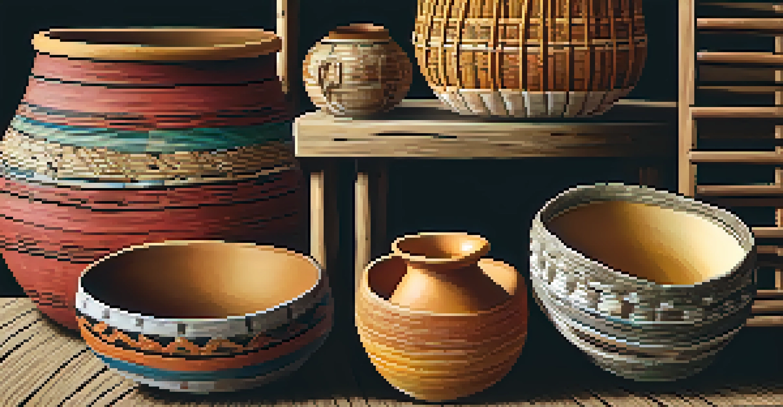 A close-up of traditional Indigenous baskets and pottery, showcasing intricate designs and textures on a rustic wooden table.