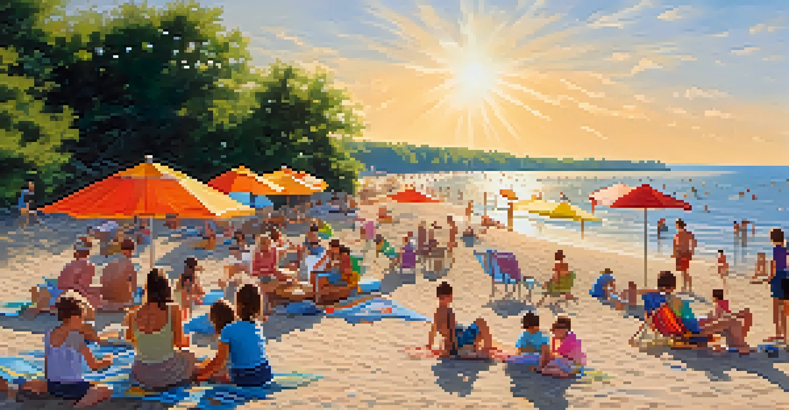 A lively summer day at Illinois Beach State Park with families picnicking on the beach and children playing in Lake Michigan.