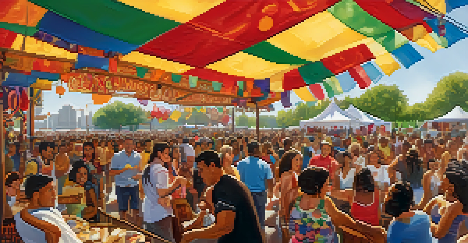 A lively outdoor festival in Chicago with a diverse crowd enjoying Latin music performances, surrounded by colorful decorations and food stalls.