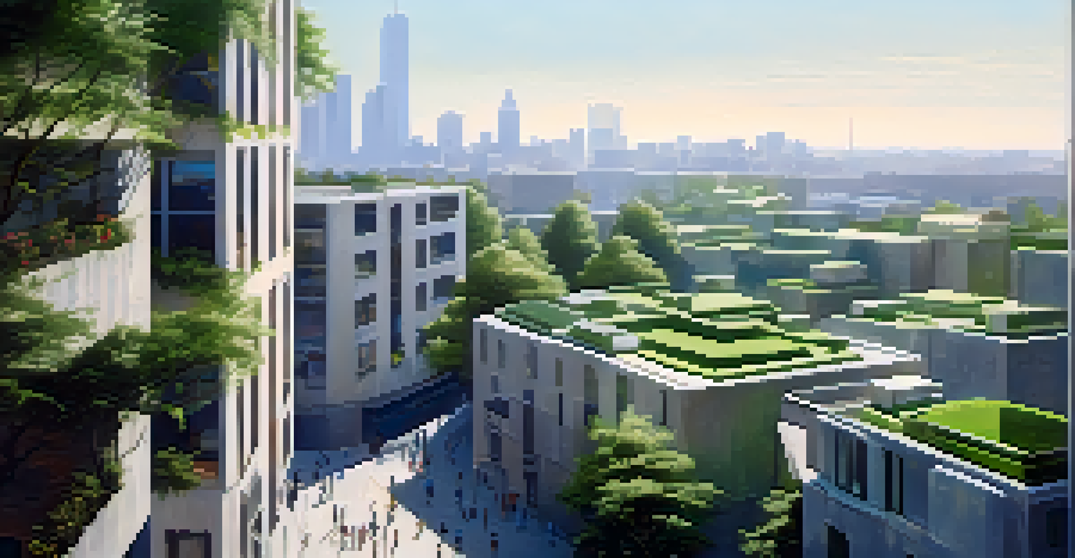 Aerial view of a city showcasing a blend of buildings with green rooftops and concrete surfaces, highlighting the effects of urban heat islands.
