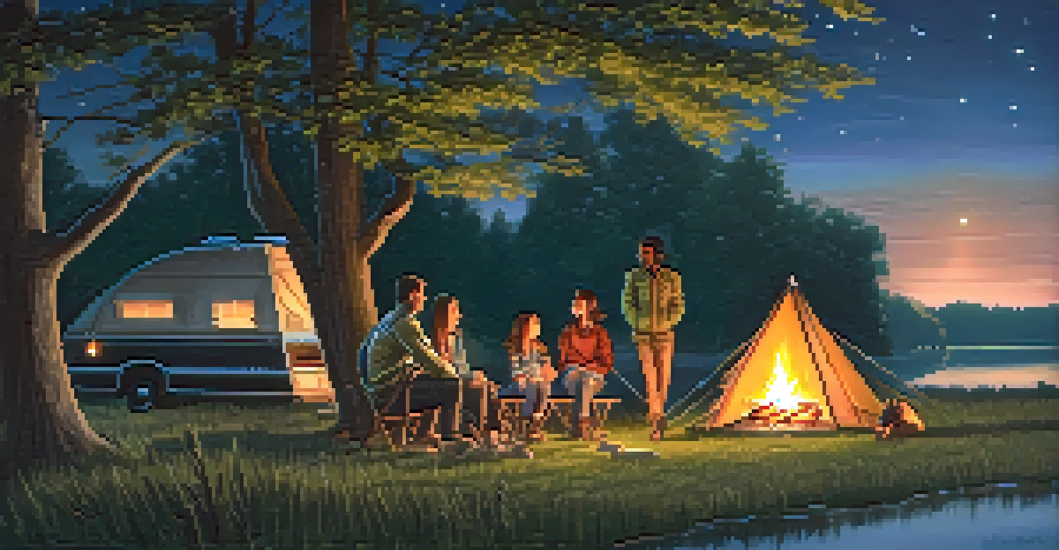 A family camping by the river at Kankakee River State Park, gathered around a campfire at night.